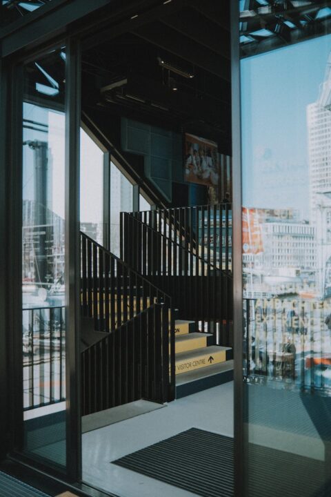 Automatic doors of a commercial establishment.