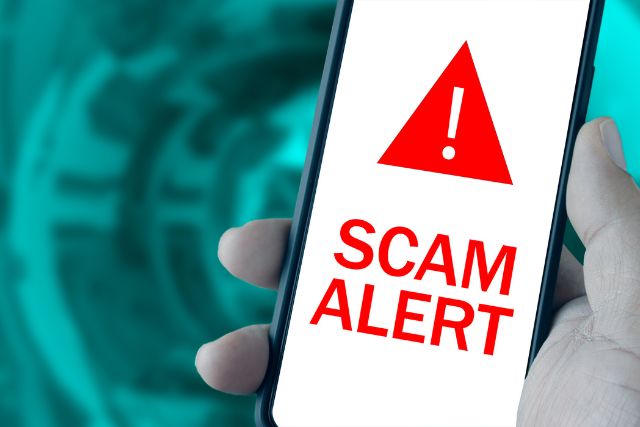 An alert abour scam flashes on a phone.