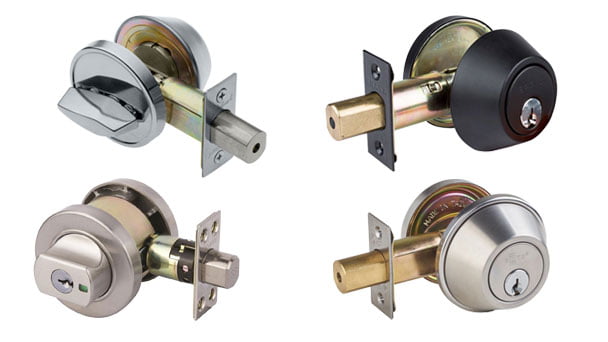 Various types of deadbolts including sindle and double cylinder models.