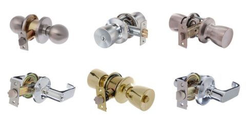 Various types of door knobs and handles, some with locking options and some without.