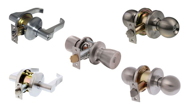 Various door knobs and door handles, some with keyholes for locking and others without.