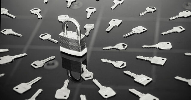 Silver lock with many keys all facing inwards towards the lock